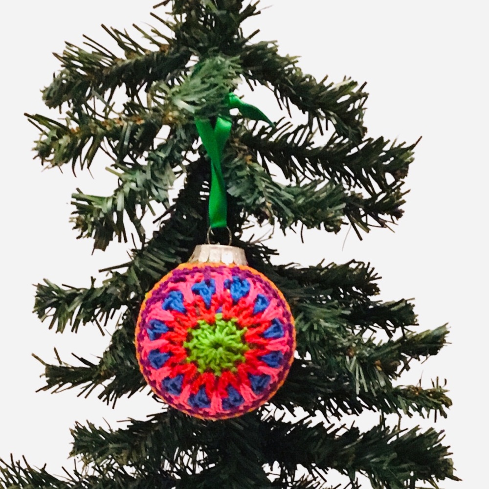 🆕 Granny Square Ornament Ball Green and Red Holiday Decor Handcrafted Crochet